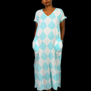 Lula Soul Cotton Caftan Blue Diamond Print Fringe Dress Maxi Slits Cover Up XS